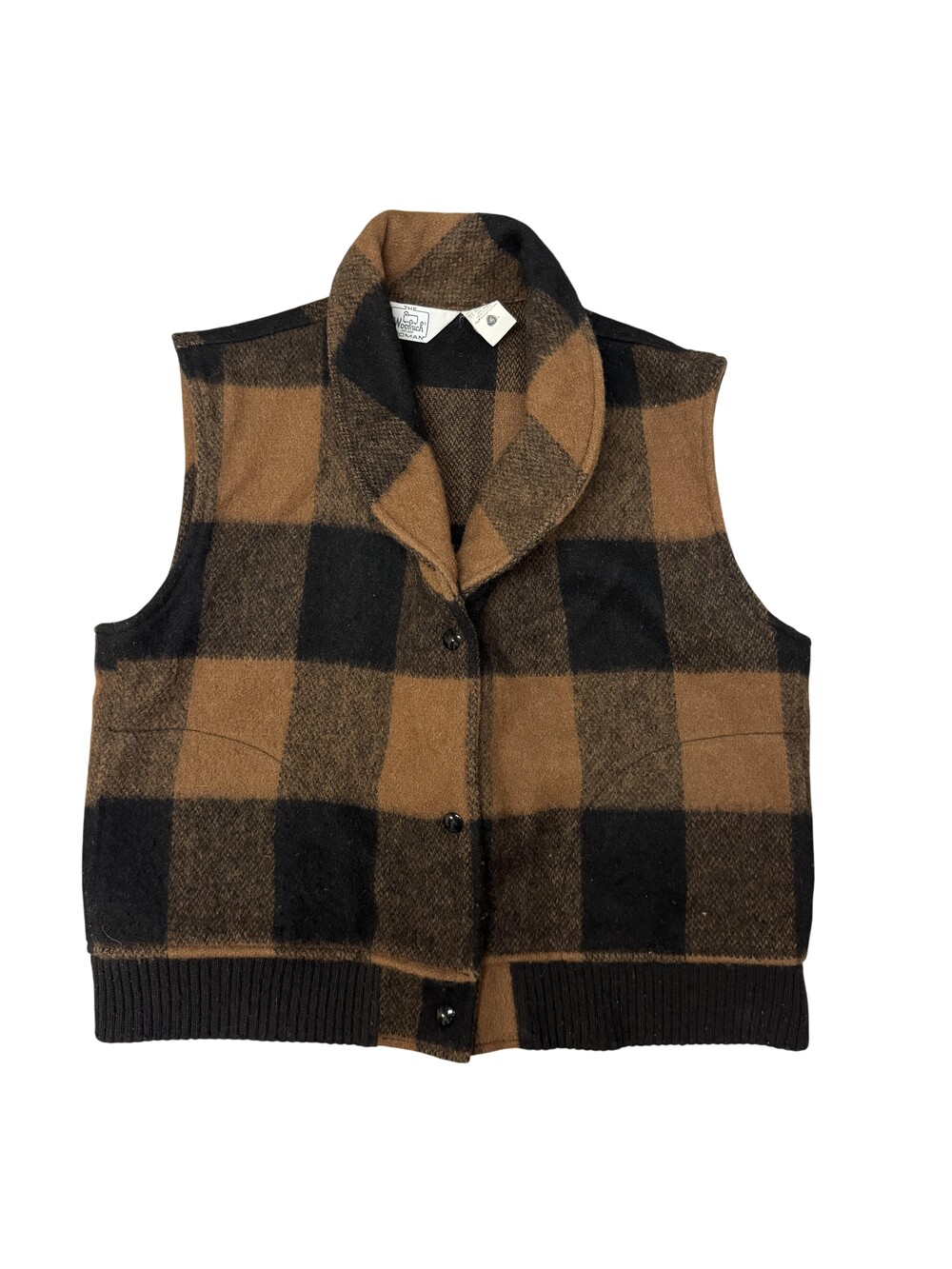 Vintage 90s Woolrich Vest Womens Large Brown Black Plaid Wool Snap Pockets